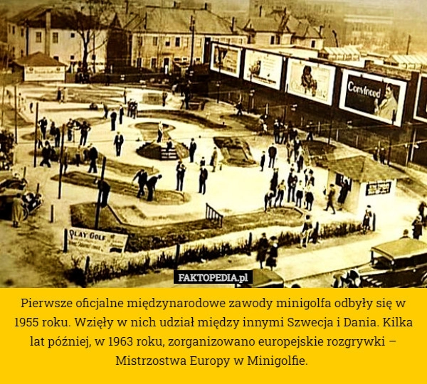 
    Pierwsze oficjalne międzynarodowe zawody minigolfa odbyły się w 1955 roku.