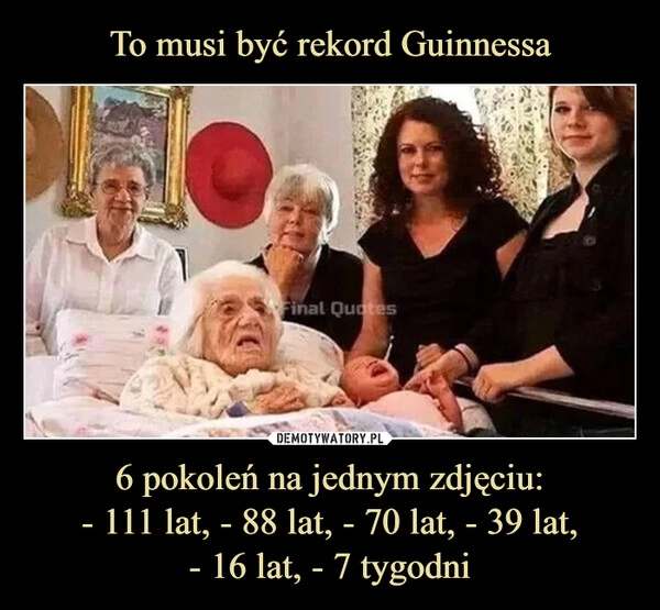 
    To musi być rekord Guinnessa 6 pokoleń na jednym zdjęciu:
- 111 lat, - 88 lat, - 70 lat, - 39 lat,
- 16 lat, - 7 tygodni