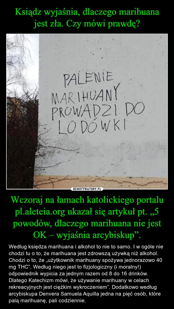 
    Ksiądz wyjaśnia, dlaczego marihuana jest zła. Czy mówi prawdę? Wczoraj na łamach katolickiego portalu pl.aleteia.org ukazał się artykuł pt. „5 powodów, dlaczego marihuana nie jest OK – wyjaśnia arcybiskup”.