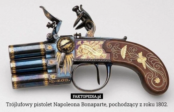 
    
			Trójlufowy pistolet Napoleona Bonaparte, pochodzący z roku 1802.					