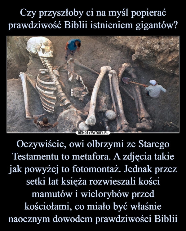 
    Czy przyszłoby ci na myśl popierać prawdziwość Biblii istnieniem gigantów? Oczywiście, owi olbrzymi ze Starego Testamentu to metafora. A zdjęcia takie jak powyżej to fotomontaż. Jednak przez setki lat księża rozwieszali kości mamutów i wielorybów przed kościołami, co miało być właśnie naocznym dowodem prawdziwości Biblii