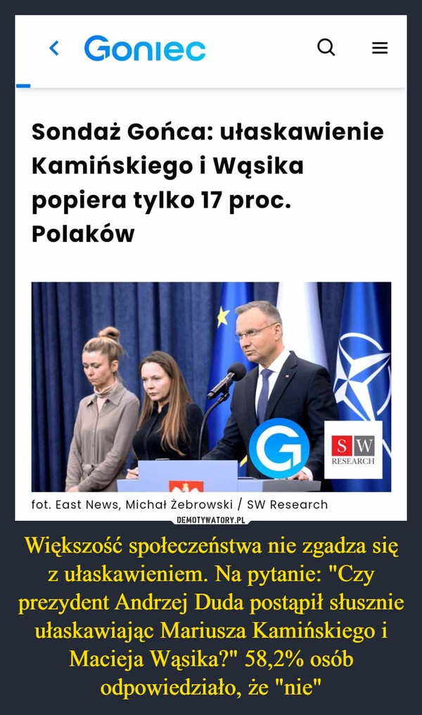 
    Większość społeczeństwa nie zgadza się z ułaskawieniem. Na pytanie: "Czy prezydent Andrzej Duda postąpił słusznie ułaskawiając Mariusza Kamińskiego i Macieja Wąsika?" 58,2% osób odpowiedziało, że "nie"