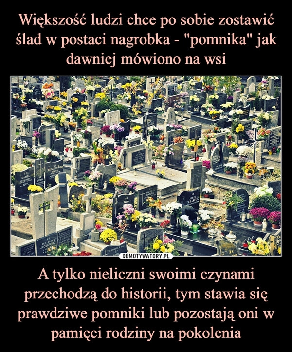 
    Większość ludzi chce po sobie zostawić ślad w postaci nagrobka - "pomnika" jak dawniej mówiono na wsi A tylko nieliczni swoimi czynami przechodzą do historii, tym stawia się prawdziwe pomniki lub pozostają oni w pamięci rodziny na pokolenia