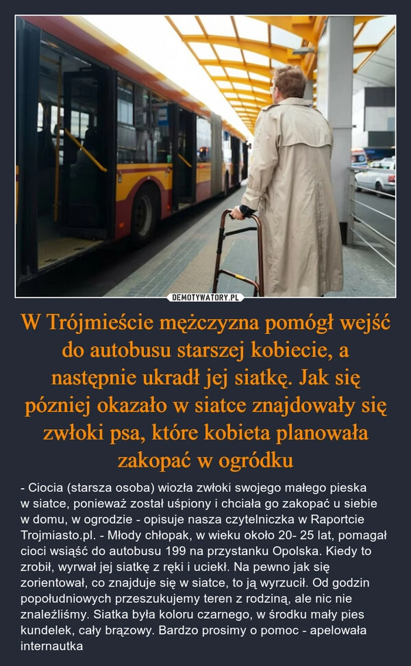 
    W Trójmieście mężczyzna pomógł wejść do autobusu starszej kobiecie, a następnie ukradł jej siatkę. Jak się pózniej okazało w siatce znajdowały się zwłoki psa, które kobieta planowała zakopać w ogródku