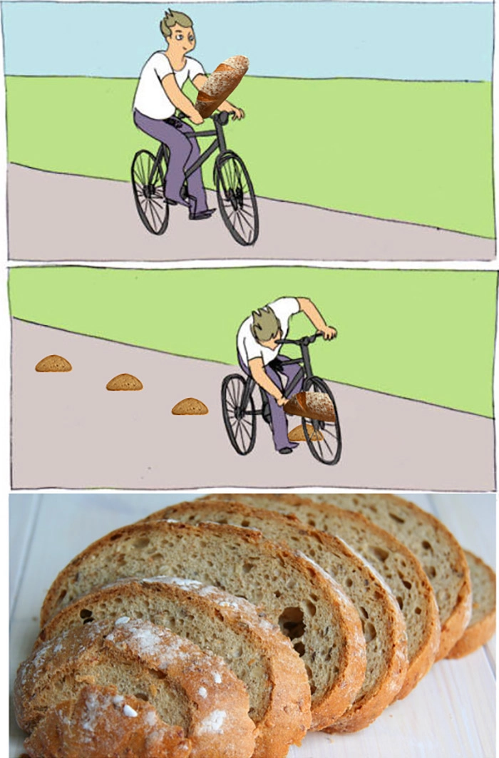 
    Jedzie na rowerze kroi chleb zamiast kija w szprychy