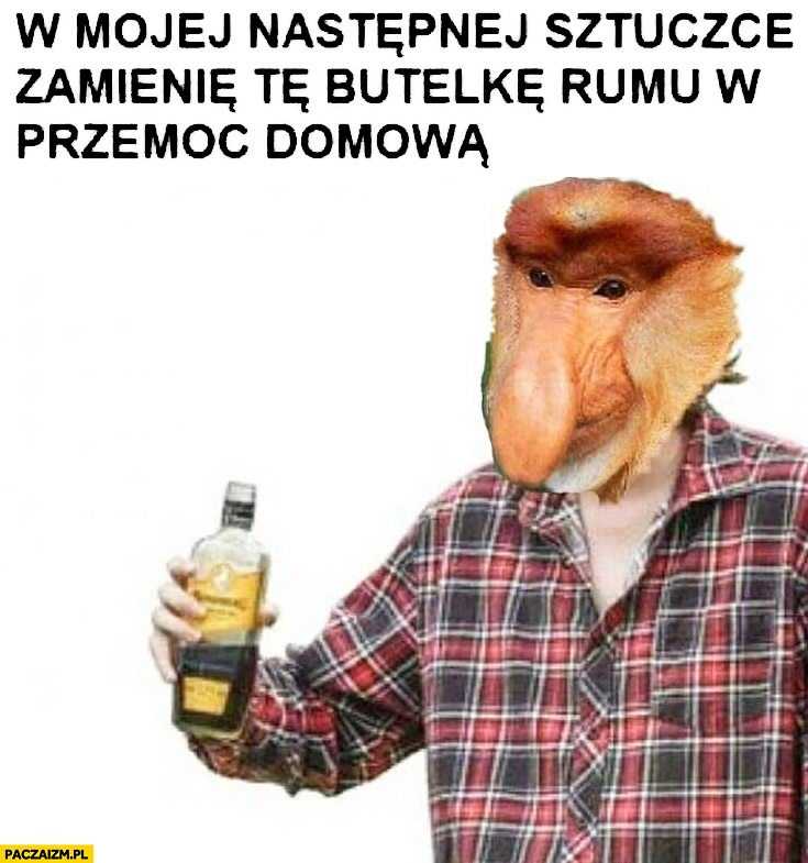 
    W mojej następnej sztuczce zamienię tę butelkę rumu w przemoc domowa typowy Polak nosacz małpa