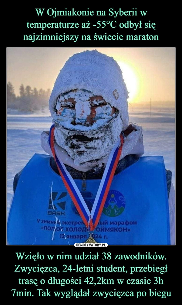 
    W Ojmiakonie na Syberii w temperaturze aż -55°C odbył się najzimniejszy na świecie maraton Wzięło w nim udział 38 zawodników. Zwycięzca, 24-letni student, przebiegł trasę o długości 42,2km w czasie 3h 7min. Tak wyglądał zwycięzca po biegu