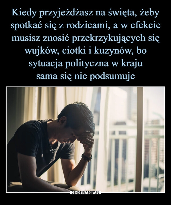 
    Kiedy przyjeżdżasz na święta, żeby spotkać się z rodzicami, a w efekcie musisz znosić przekrzykujących się wujków, ciotki i kuzynów, bo sytuacja polityczna w kraju
sama się nie podsumuje