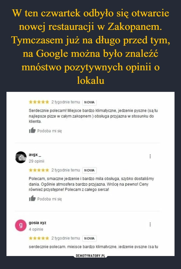 
    W ten czwartek odbyło się otwarcie nowej restauracji w Zakopanem. Tymczasem już na długo przed tym, na Google można było znaleźć mnóstwo pozytywnych opinii o lokalu 