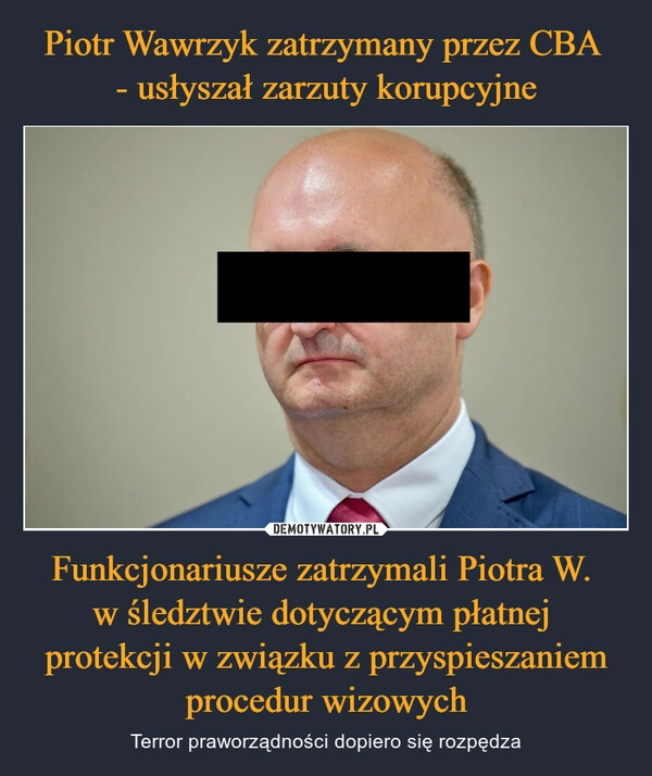 
    Piotr Wawrzyk zatrzymany przez CBA 
- usłyszał zarzuty korupcyjne Funkcjonariusze zatrzymali Piotra W. 
w śledztwie dotyczącym płatnej 
protekcji w związku z przyspieszaniem procedur wizowych