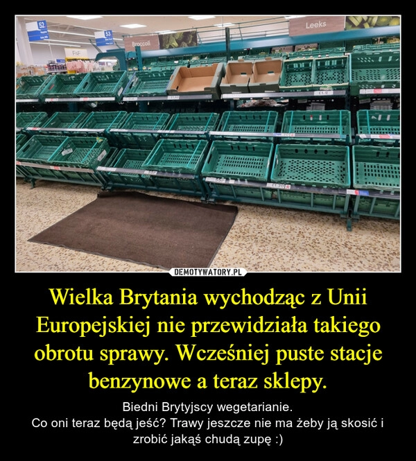 
    Wielka Brytania wychodząc z Unii Europejskiej nie przewidziała takiego obrotu sprawy. Wcześniej puste stacje benzynowe a teraz sklepy.