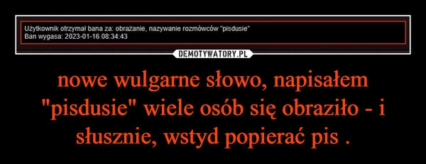 
    nowe wulgarne słowo, napisałem "pisdusie" wiele osób się obraziło - i słusznie, wstyd popierać pis . 