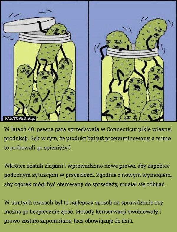 
    W latach 40. pewna para sprzedawała w Connecticut pikle własnej produkcji.