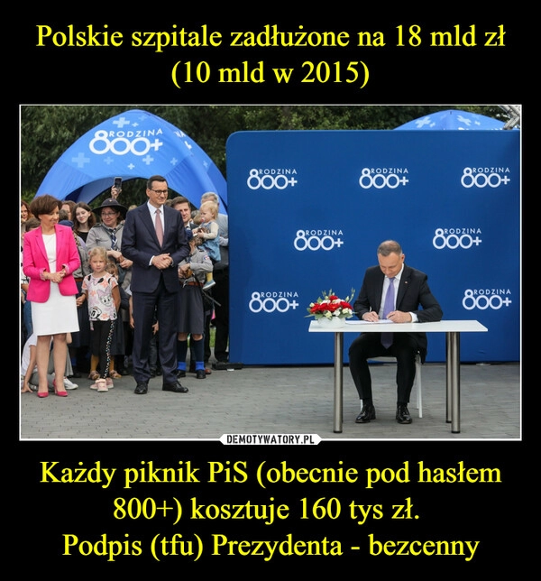 
    Polskie szpitale zadłużone na 18 mld zł (10 mld w 2015) Każdy piknik PiS (obecnie pod hasłem 800+) kosztuje 160 tys zł. 
Podpis (tfu) Prezydenta - bezcenny