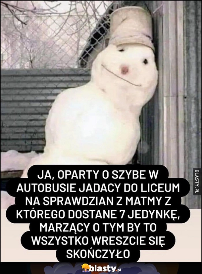 
    Bałwan bałwanek ja oparty o szybę w autobusie jadący do liceum na sprawdzian z matmy z którego dostanę 7 jedynkę marzący o tym by to wszystko wreszcie się skończyło