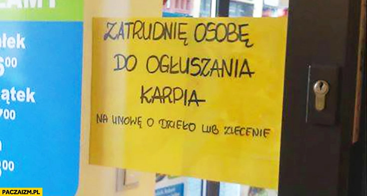 
    Zatrudnię osobę do ogłuszania karpia na umowę o dzieło lub zlecenie ogłoszenie