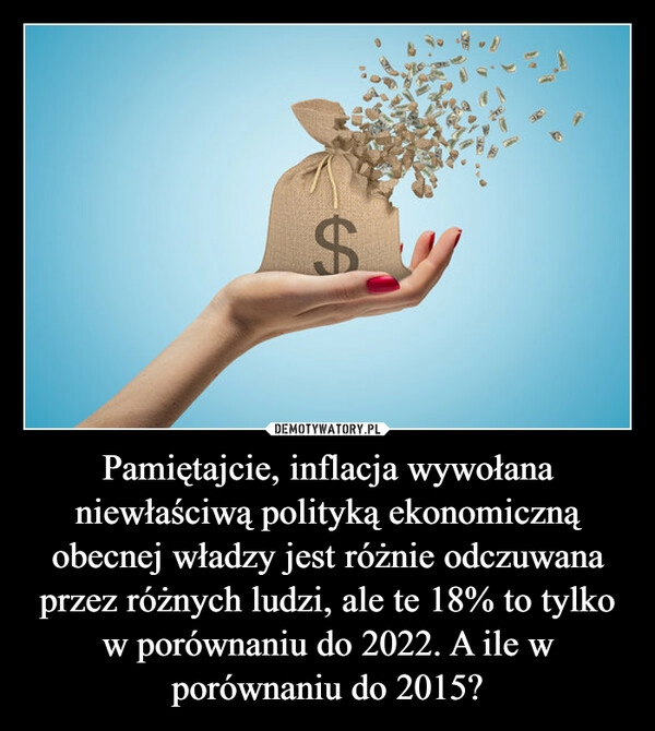 
    Pamiętajcie, inflacja wywołana niewłaściwą polityką ekonomiczną obecnej władzy jest różnie odczuwana przez różnych ludzi, ale te 18% to tylko w porównaniu do 2022. A ile w porównaniu do 2015?