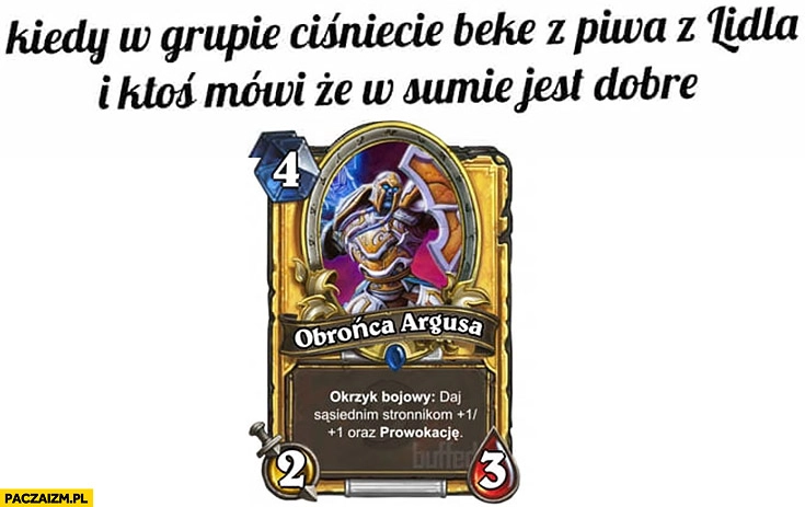 
    Kiedy w grupie ciśnięcie bekę z piwa z Lidla i ktoś mówi, że w sumie jest dobre obrońca Argusa karta hearthstone