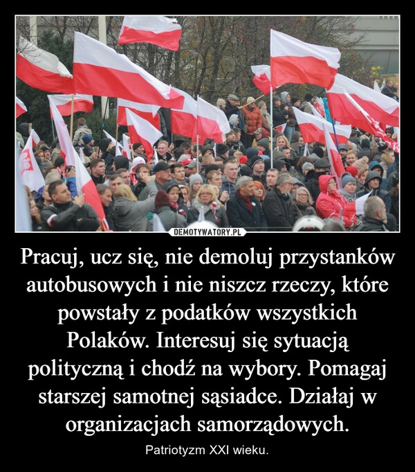 
    Pracuj, ucz się, nie demoluj przystanków autobusowych i nie niszcz rzeczy, które powstały z podatków wszystkich Polaków. Interesuj się sytuacją polityczną i chodź na wybory. Pomagaj starszej samotnej sąsiadce. Działaj w organizacjach samorządowych.