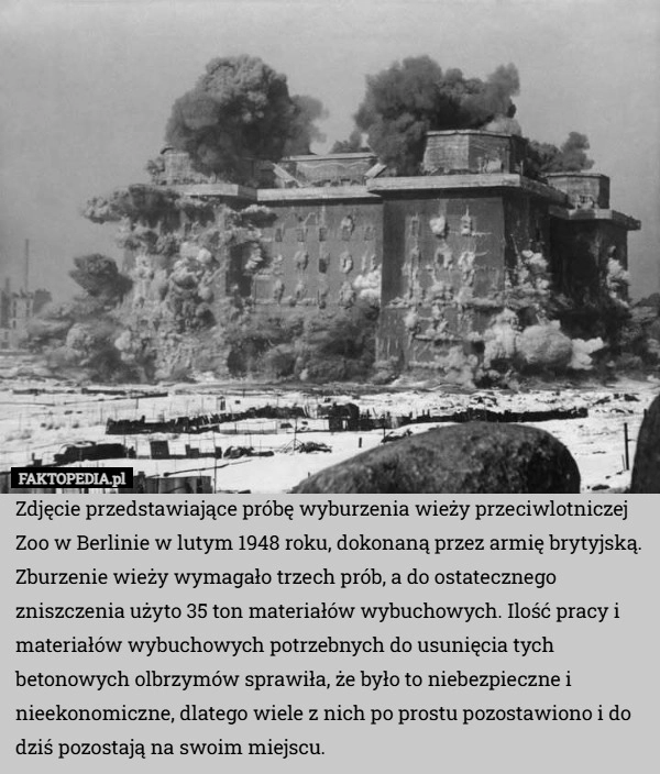 
    Zdjęcie przedstawiające próbę wyburzenia wieży przeciwlotniczej Zoo w Berlinie