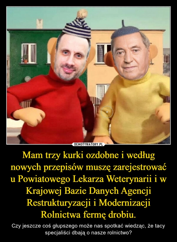 
    Mam trzy kurki ozdobne i według nowych przepisów muszę zarejestrować u Powiatowego Lekarza Weterynarii i w Krajowej Bazie Danych Agencji Restrukturyzacji i Modernizacji Rolnictwa fermę drobiu.