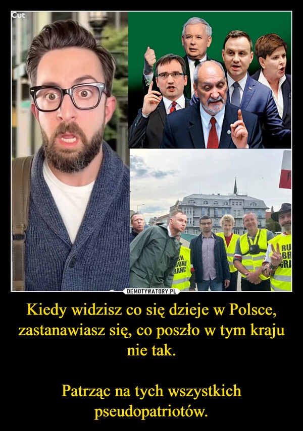 
    Kiedy widzisz co się dzieje w Polsce, zastanawiasz się, co poszło w tym kraju nie tak.

Patrząc na tych wszystkich pseudopatriotów.