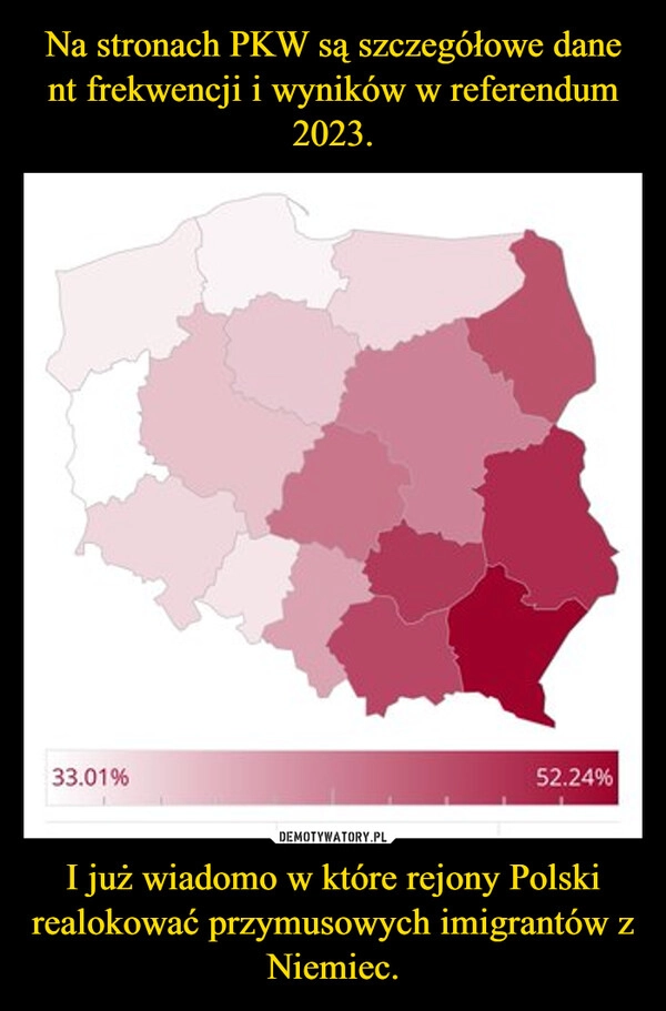 
    Na stronach PKW są szczegółowe dane nt frekwencji i wyników w referendum 2023. I już wiadomo w które rejony Polski realokować przymusowych imigrantów z Niemiec.