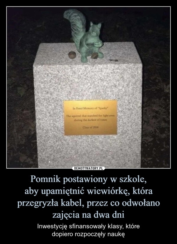 
    Pomnik postawiony w szkole,
aby upamiętnić wiewiórkę, która
przegryzła kabel, przez co odwołano
zajęcia na dwa dni