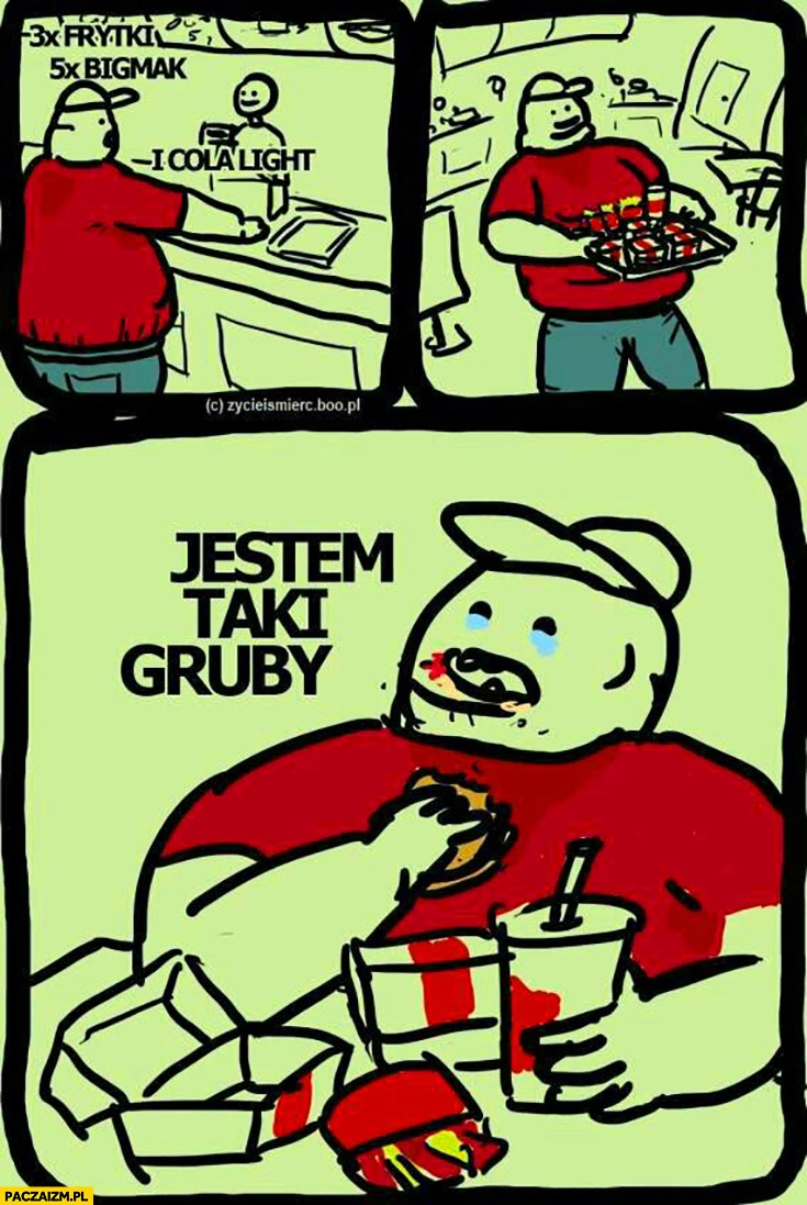 Poproszę 3 razy frytki, 5 razy BigMac i Cola Light, jestem taki gruby płacze komiks