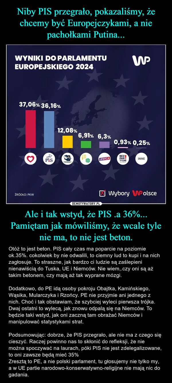 
    Niby PIS przegrało, pokazaliśmy, że chcemy być Europejczykami, a nie pachołkami Putina... Ale i tak wstyd, że PIS .a 36%... Pamiętam jak mówiliśmy, że wcale tyle nie ma, to nie jest beton.