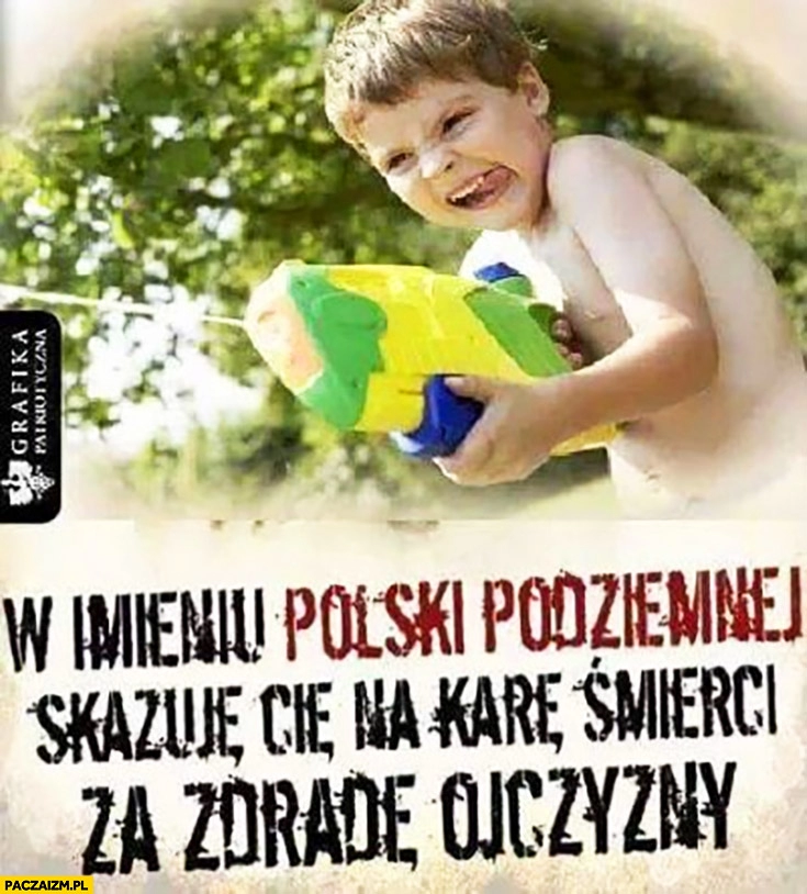 
    W imieniu Polski podziemnej skazuje Cię na karę śmierci za zdradę ojczyzny chłopiec z pistoletem karabinem na wodę