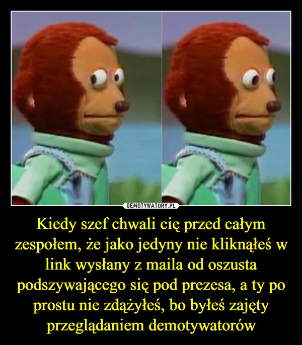 
    Kiedy szef chwali cię przed całym zespołem, że jako jedyny nie kliknąłeś w link wysłany z maila od oszusta podszywającego się pod prezesa, a ty po prostu nie zdążyłeś, bo byłeś zajęty przeglądaniem demotywatorów