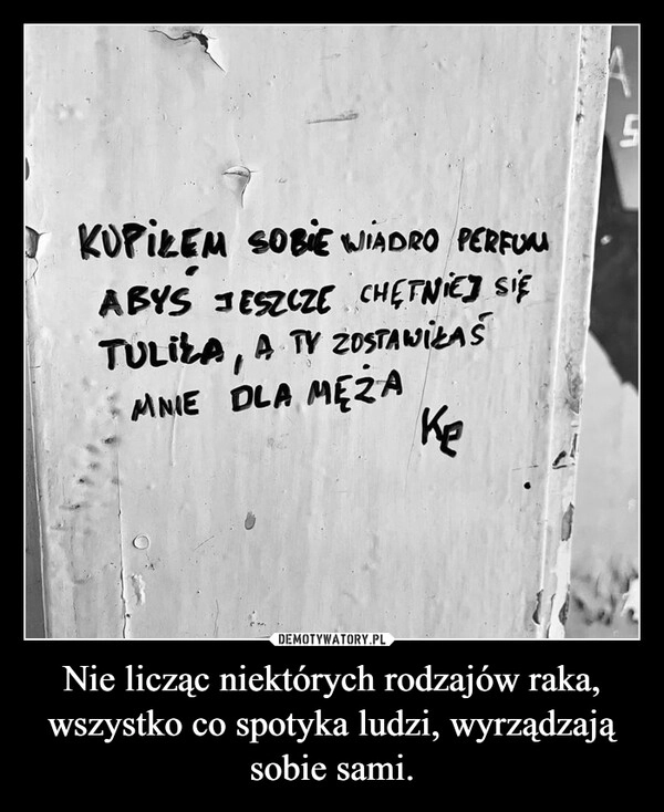 
    Nie licząc niektórych rodzajów raka, wszystko co spotyka ludzi, wyrządzają sobie sami.