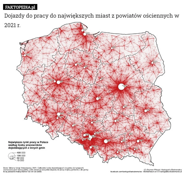 
    Dojazdy do pracy do największych miast z powiatów ościennych w 2021 r.