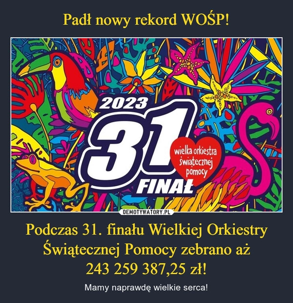 
    Padł nowy rekord WOŚP! Podczas 31. finału Wielkiej Orkiestry Świątecznej Pomocy zebrano aż
243 259 387,25 zł!