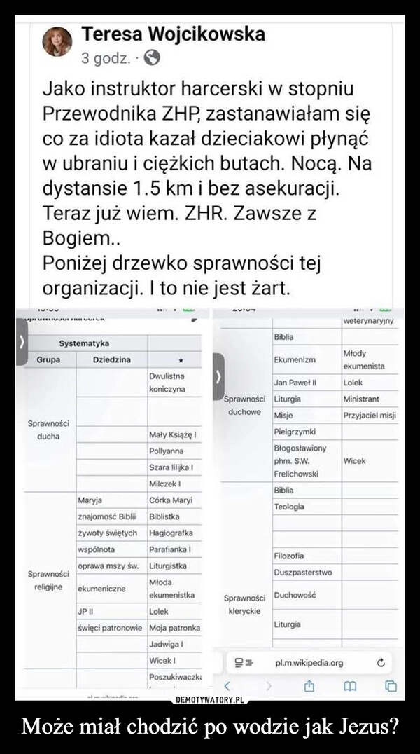 
    Może miał chodzić po wodzie jak Jezus?