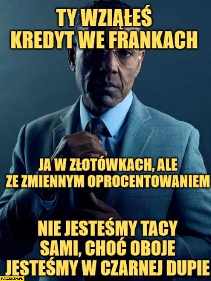 
    Ty wziąłeś kredyt we frankach, ja w złotówkach ale ze zmiennym oprocentowaniem nie jesteśmy tacy sami choć oboje jestesmy w czarnej dupie