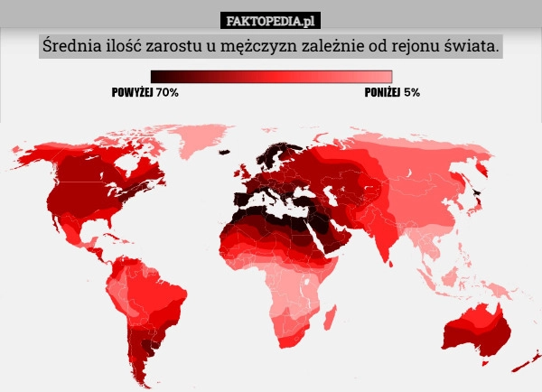 
    Średnia ilość zarostu u mężczyzn zależnie od rejonu świata.