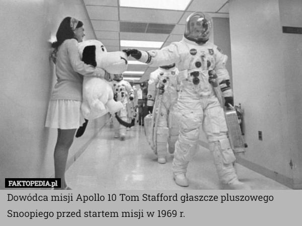 
    Dowódca misji Apollo 10 Tom Stafford głaszcze pluszowego Snoopiego przed