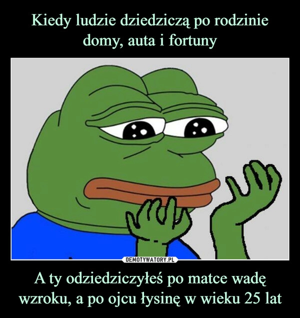 
    Kiedy ludzie dziedziczą po rodzinie domy, auta i fortuny A ty odziedziczyłeś po matce wadę wzroku, a po ojcu łysinę w wieku 25 lat 