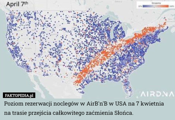 
    Poziom rezerwacji noclegów w AirB'n'B w USA na 7 kwietnia na trasie...