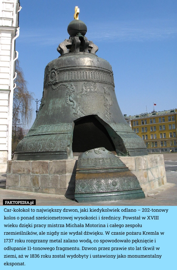 
    Car-kołokoł to największy dzwon, jaki kiedykolwiek odlano – 202-tonowy kolos