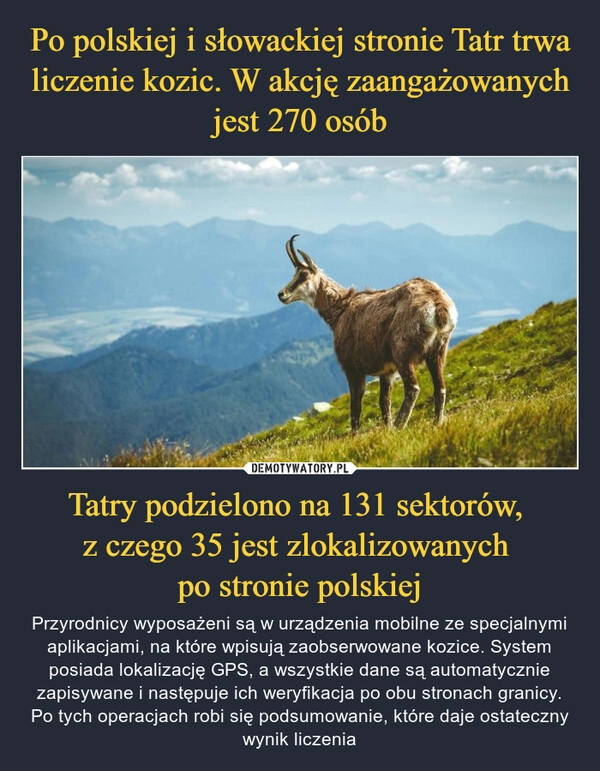 
    Po polskiej i słowackiej stronie Tatr trwa liczenie kozic. W akcję zaangażowanych jest 270 osób Tatry podzielono na 131 sektorów, 
z czego 35 jest zlokalizowanych 
po stronie polskiej