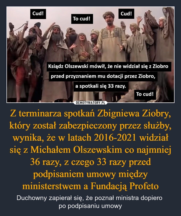 
    Z terminarza spotkań Zbigniewa Ziobry, który został zabezpieczony przez służby, wynika, że w latach 2016-2021 widział się z Michałem Olszewskim co najmniej 36 razy, z czego 33 razy przed podpisaniem umowy między ministerstwem a Fundacją Profeto