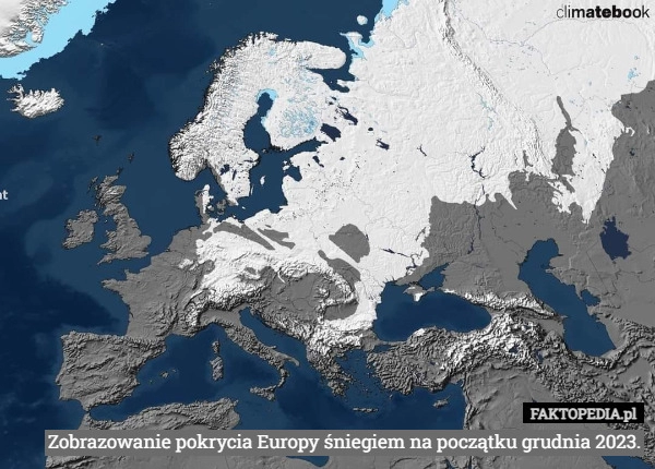 
    Zobrazowanie pokrycia Europy śniegiem na początku grudnia 2023.