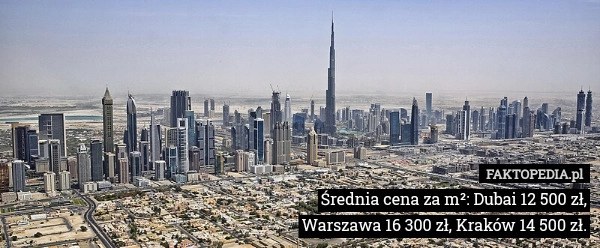 
    Średnia cena za m²: Dubai 12 500 zł, Warszawa 16 300 zł, Kraków 14 500 zł.