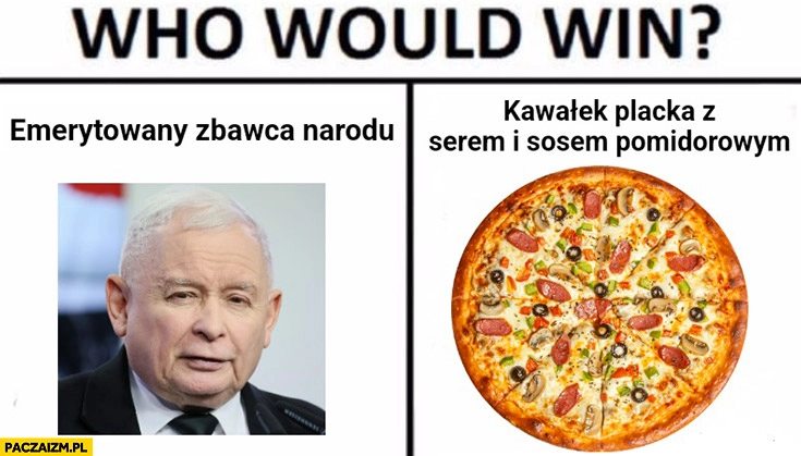 
    Who would win Kaczyński emerytowany zbawca narodu czy pizza kawałek placka z serem i sosem pomidorowym