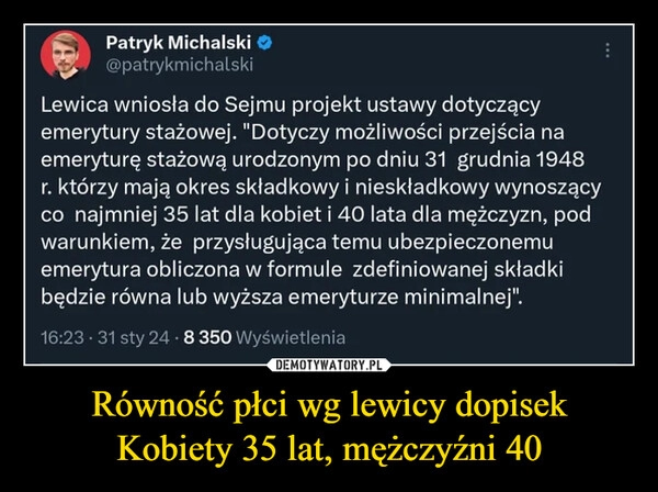 
    Równość płci wg lewicy dopisek
Kobiety 35 lat, mężczyźni 40