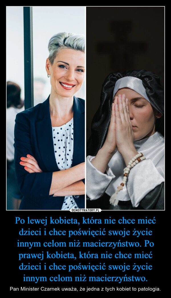 
    Po lewej kobieta, która nie chce mieć dzieci i chce poświęcić swoje życie innym celom niż macierzyństwo. Po prawej kobieta, która nie chce mieć dzieci i chce poświęcić swoje życie innym celom niż macierzyństwo.