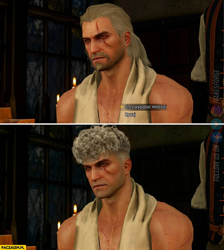 
    Wiedźmin Geralt chce wyglądać młodziej vifon makaron na głowie fryzura